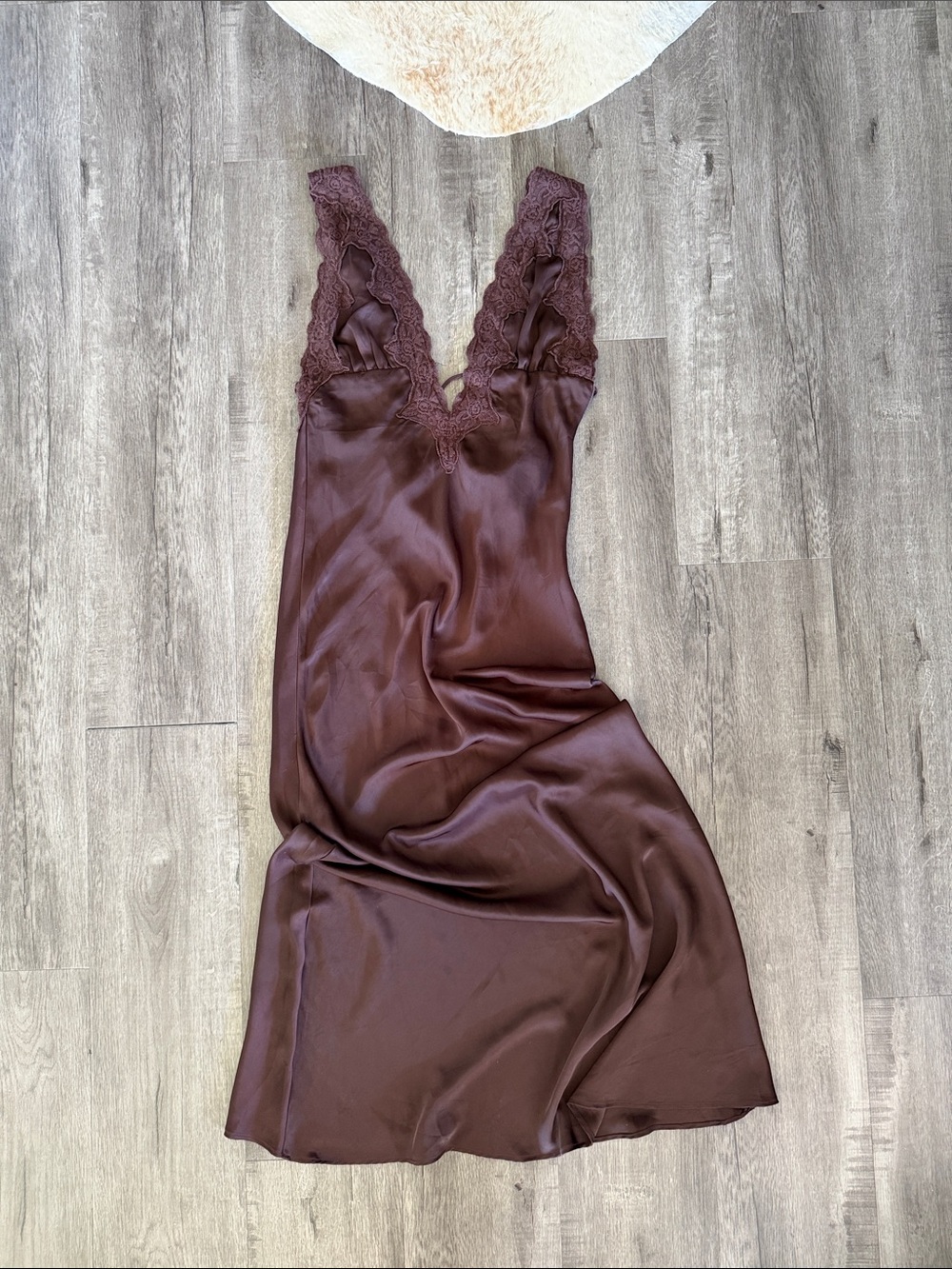 Rumored Satin Lace-Trim Slip Chemise in Chocolate Brown
